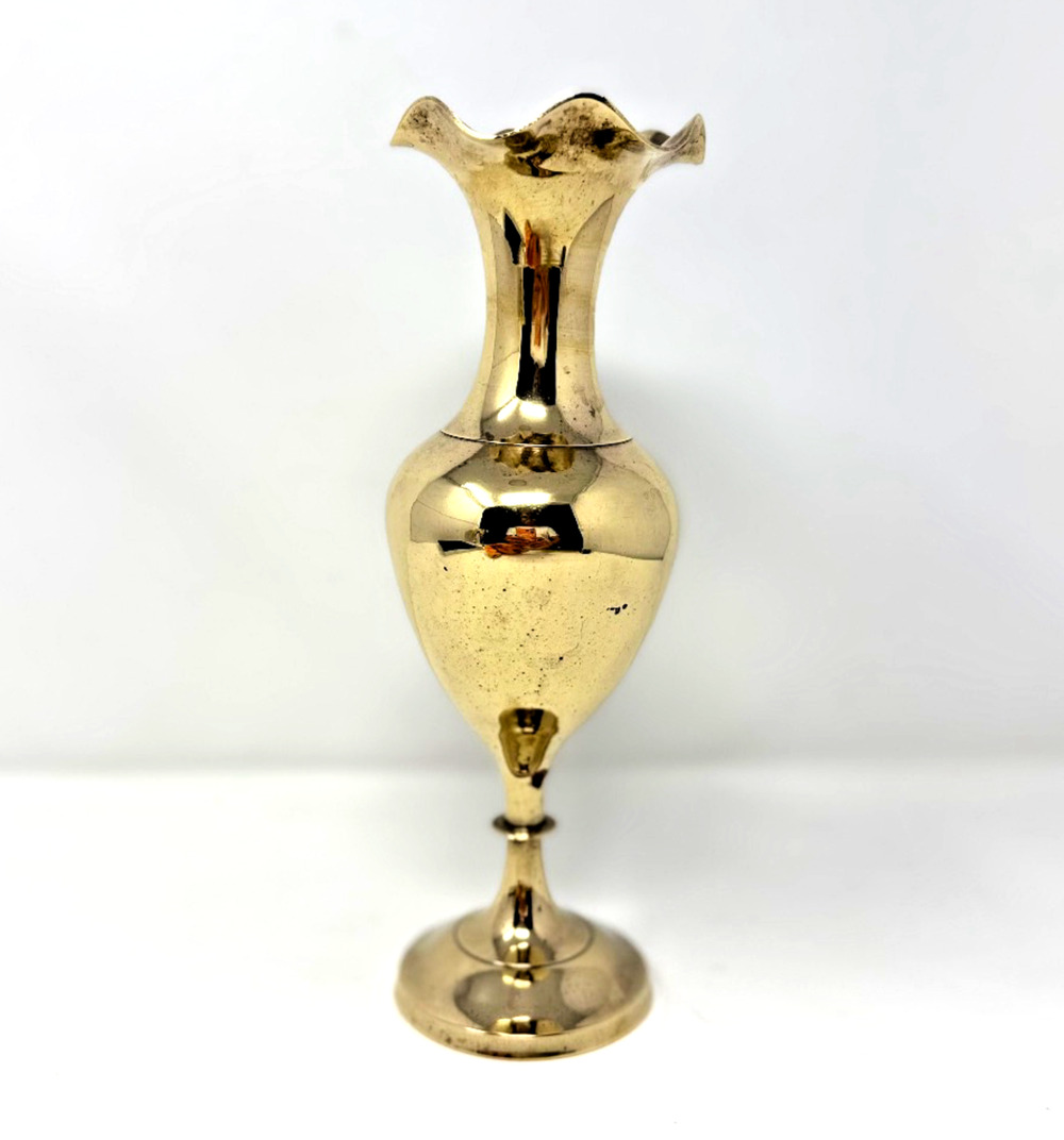 Vintage Solid Brass Trumpet Bud Vase Ruffled Scalloped Rim 9.75"
